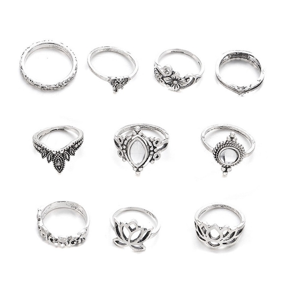 🌸10PC: SILVER MIDI KNUCKLE LOTUS RINGS BOHO OPAL - Picture 6 of 7